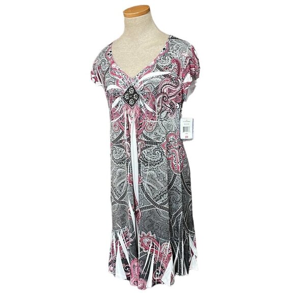 Unity Travel Para Dress NWT Paisley Beaded Short Sleeve Pink Black Size Large L - Picture 3 of 16